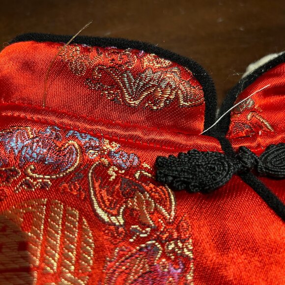 Pets Dog Costume Sherpa Lined Red Satin Floral Asian Brocade Jacket L - Picture 9 of 9